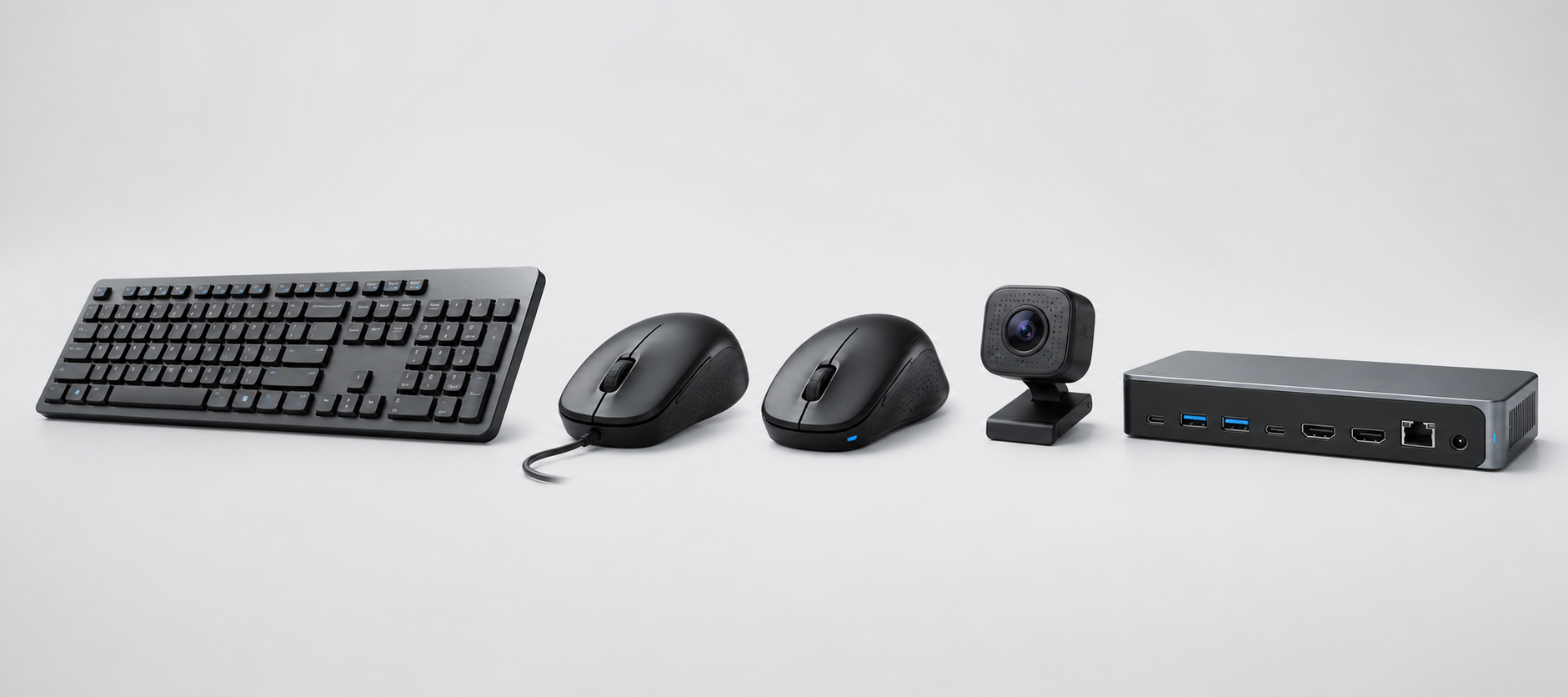 Keyboard, wired mouse, wireless mouse, webcam and laptop docking station