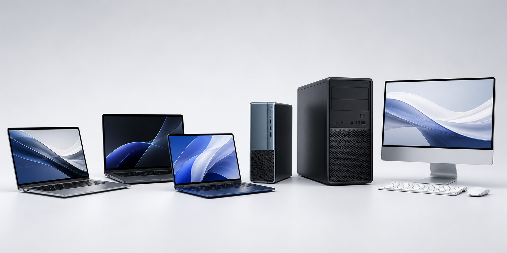 Selection of modern laptops, desktop towers and all-in-one computers